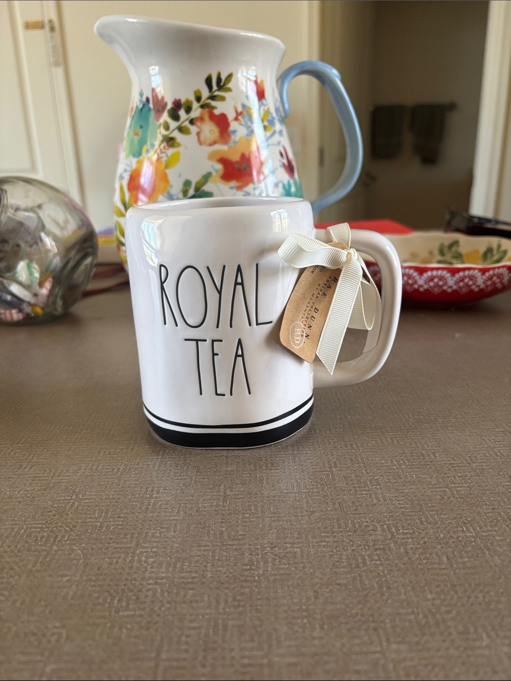 Rae Dunn White Ceramic 'Royal Tea' Mug with Black Trim